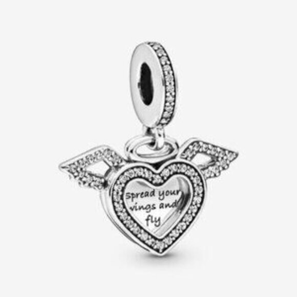Pandora Heart and Angel Wings Dangle Charm - Picture 1 of 4